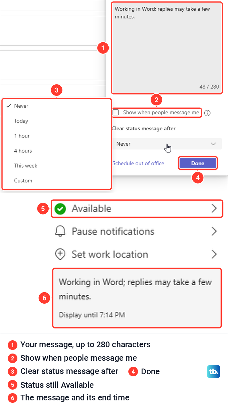 Teams for the web Set status message panel and the saved message beside an Available status.