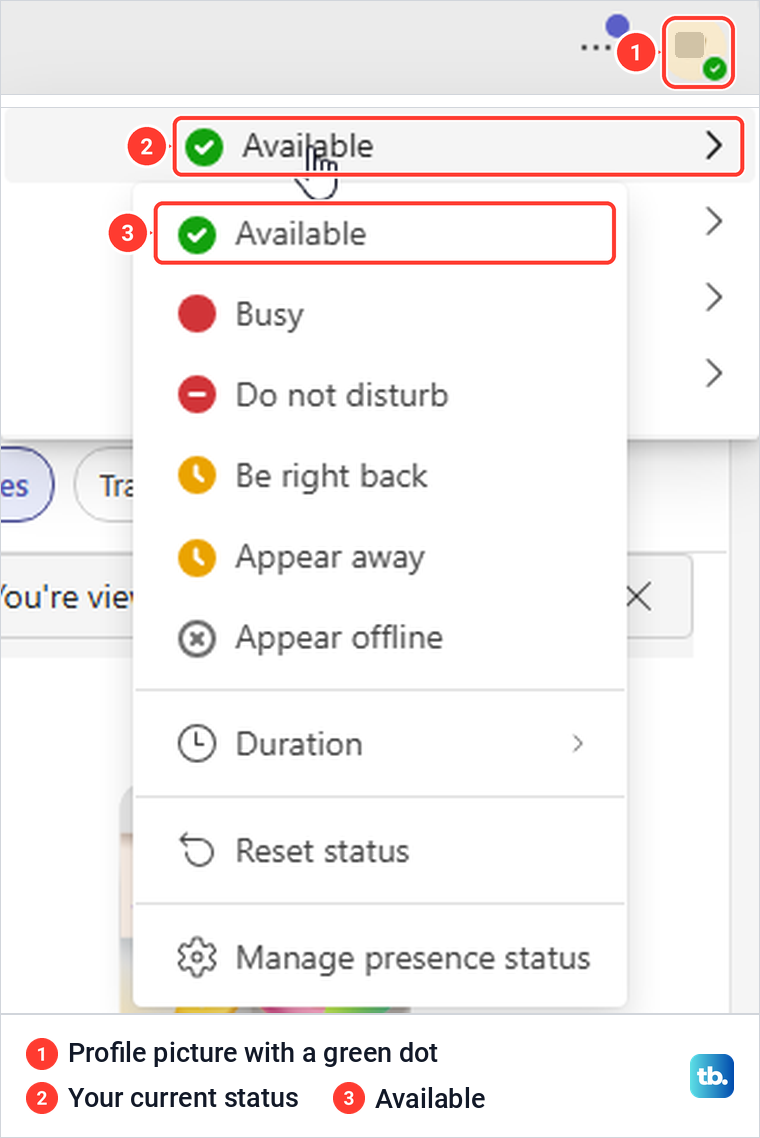 Teams for the web status list opened from the profile picture, with Available selected.