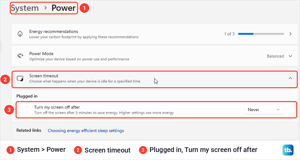 Windows 11 Settings Power page with the Screen timeout section open and the screen off setting.