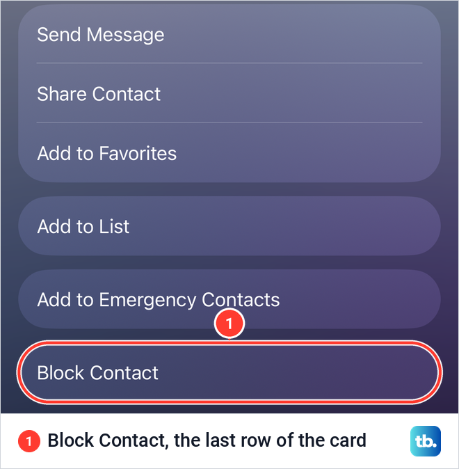The bottom of an iPhone contact card with Block Contact as the last row below Add to Emergency Contacts.