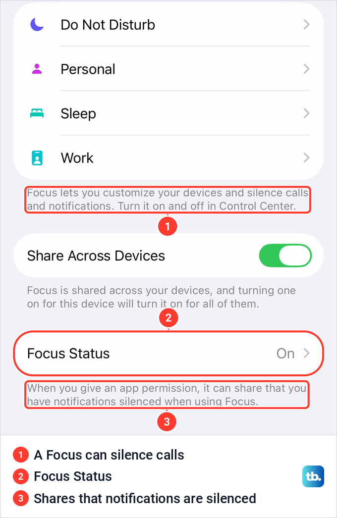 iPhone Focus settings listing Do Not Disturb and other modes, with Focus Status turned on below them.