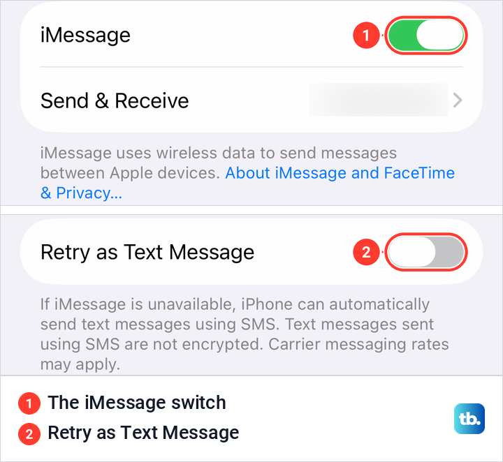 iPhone Messages settings with the iMessage switch on and the Retry as Text Message switch below it.