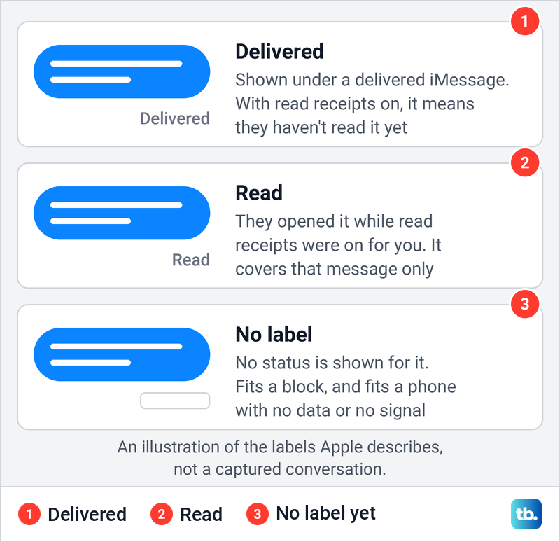 Diagram of three blue messages labelled Delivered, Read and with no label, with what each one means.