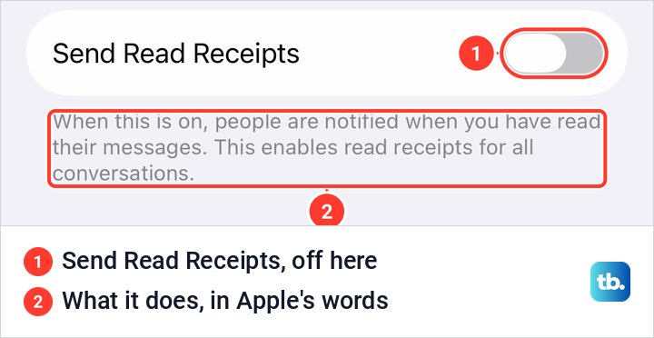 iPhone Messages settings showing the Send Read Receipts switch turned off and its explanation.