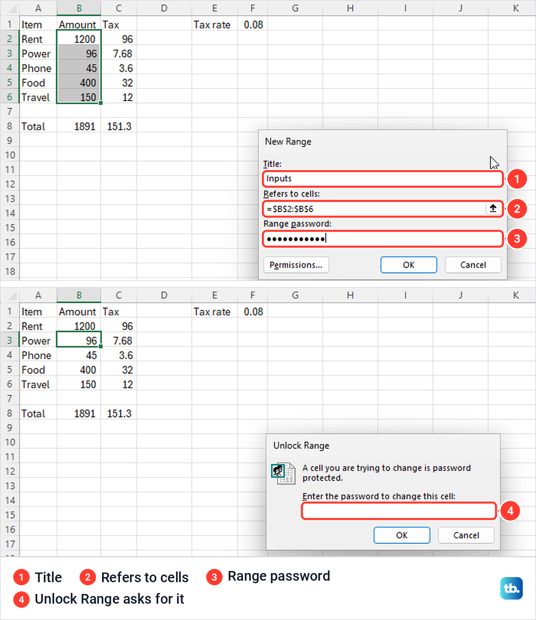 Excel New Range dialog with a title, a cell range and a password, above the Unlock Range prompt.
