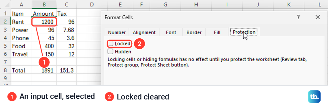 An input amount selected in Excel with the Locked box clear on the Protection tab of Format Cells.