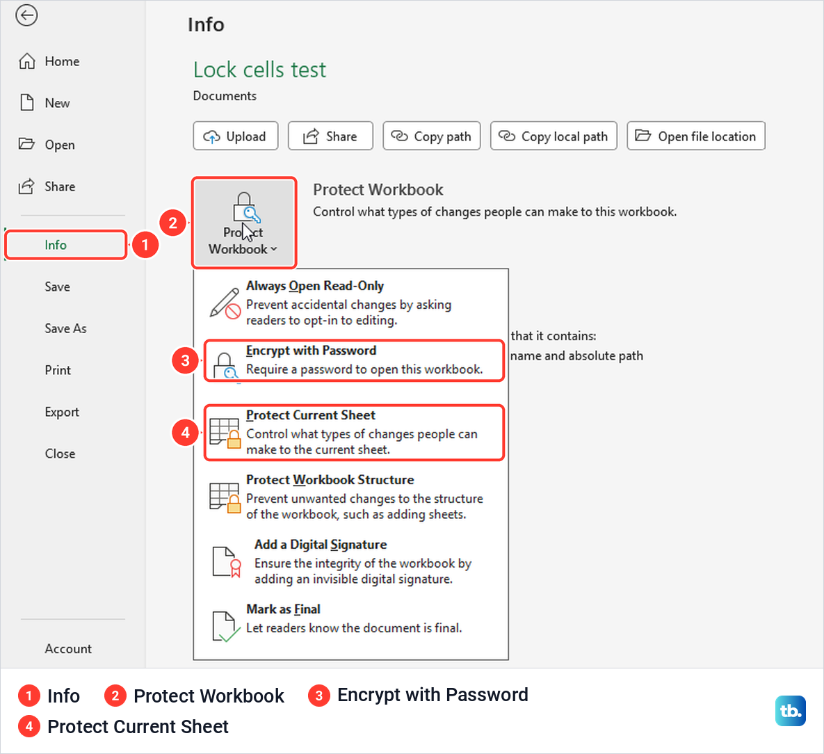 Excel File Info page with the Protect Workbook menu open showing Encrypt with Password.