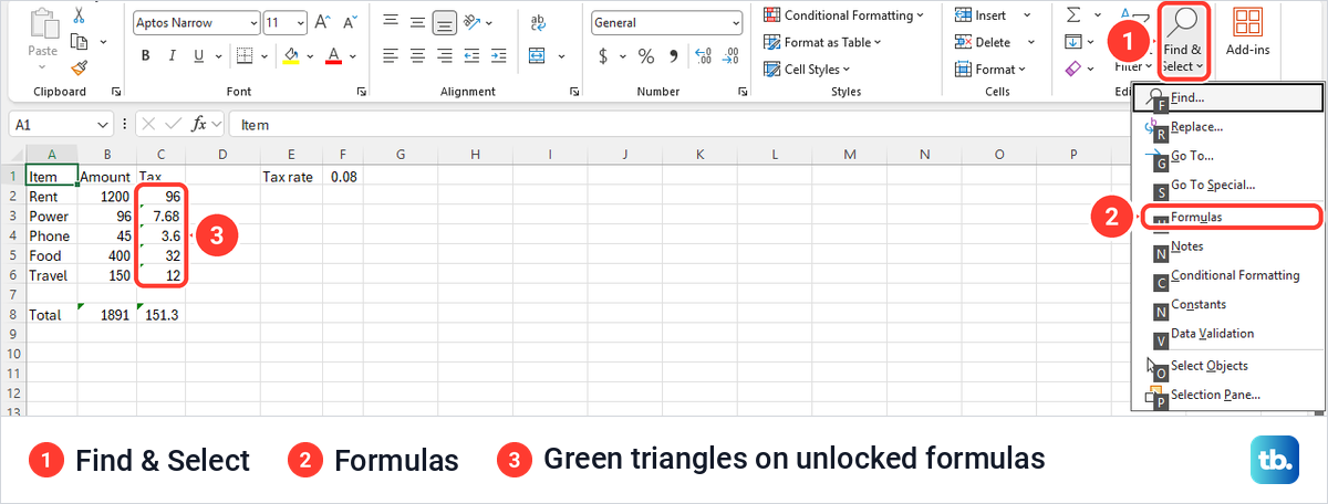 Excel Find and Select menu open with Formulas marked and green triangles on the unlocked formula cells.