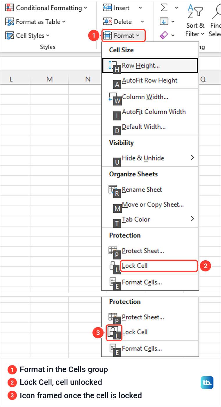 Excel Home tab Format menu at its Protection section, showing the Lock Cell icon plain and then framed.