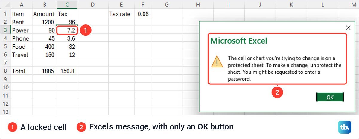 Excel message saying the cell you are trying to change is on a protected sheet, next to a locked cell.