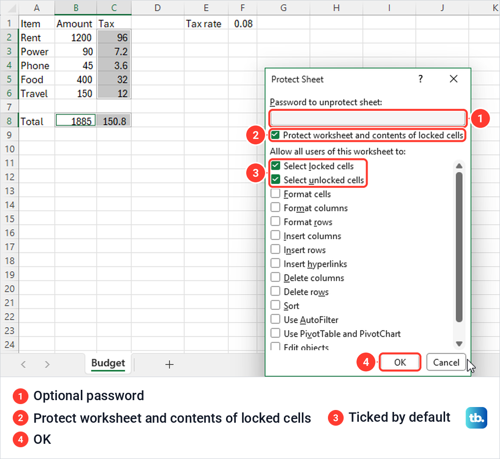 Excel Protect Sheet dialog with an empty password box and the list of actions people may still take.
