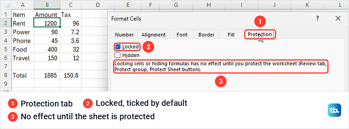 Excel Format Cells dialog on the Protection tab with Locked ticked, Hidden clear and Excel's note below.