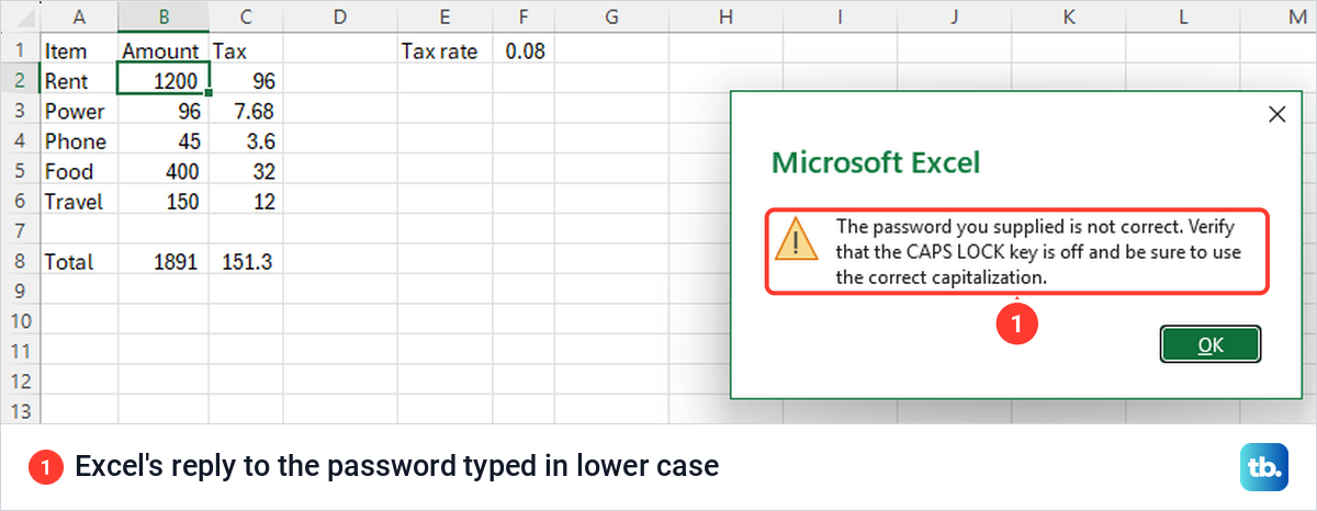 Excel message saying the password you supplied is not correct and to check the CAPS LOCK key.