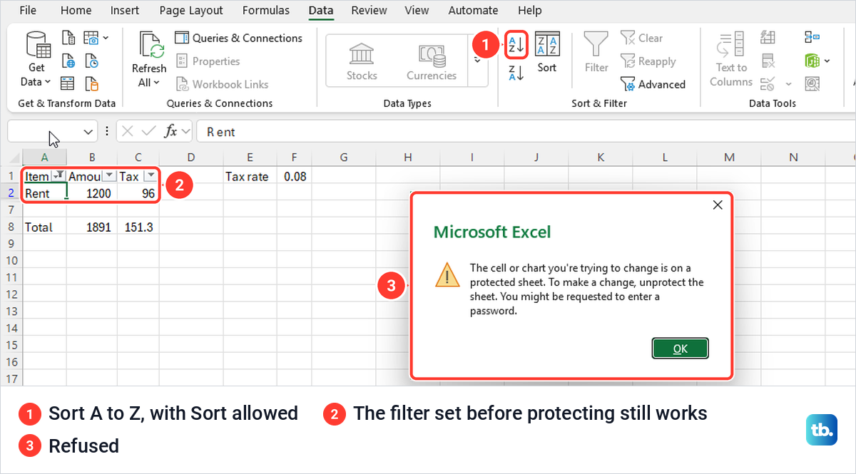 Excel refusing Sort A to Z on a protected and filtered list with the protected sheet message.