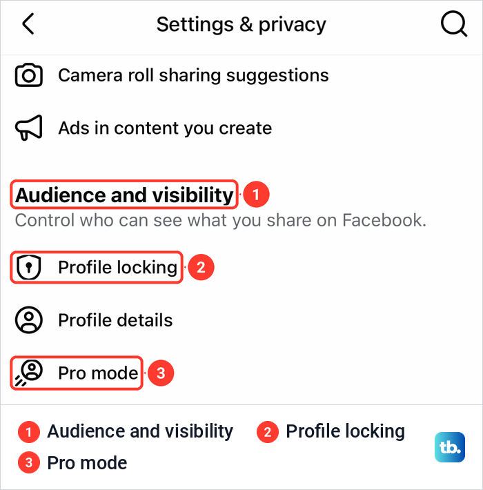 The Facebook app's Settings and privacy screen with Profile locking as the first row under Audience and visibility.
