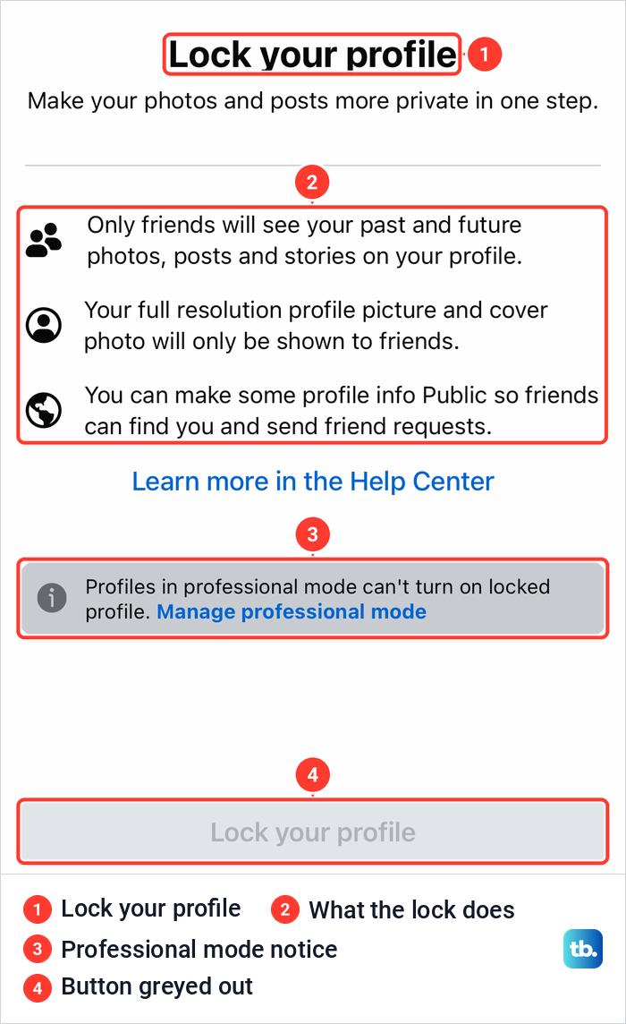 The Facebook app's Lock your profile page with a professional mode notice and a greyed out Lock your profile button.