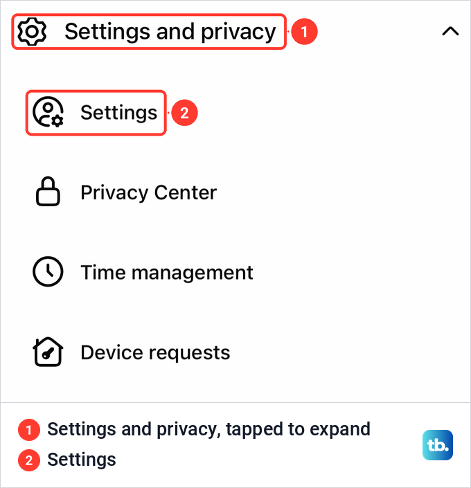 The Facebook app menu on iPhone with Settings and privacy expanded and Settings as its first entry.