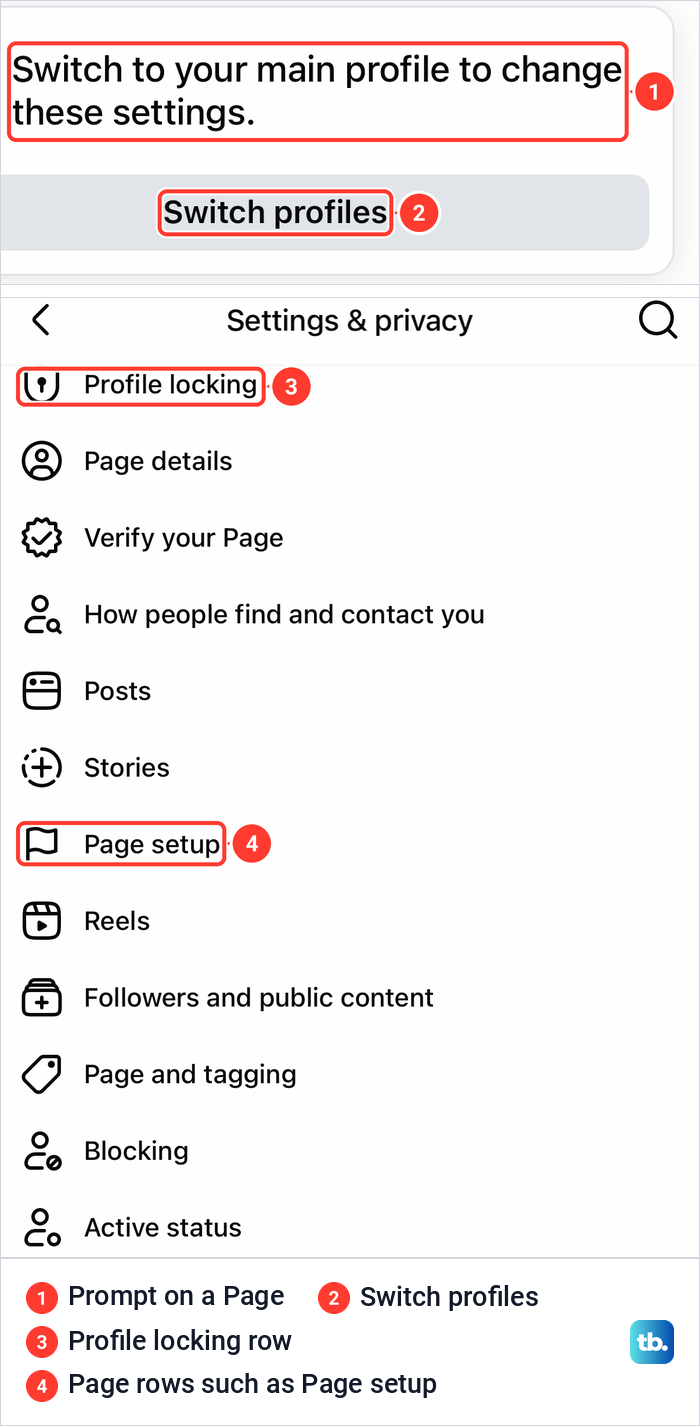 Facebook app settings while acting as a Page, with the switch profiles prompt and the Page's own Profile locking row.