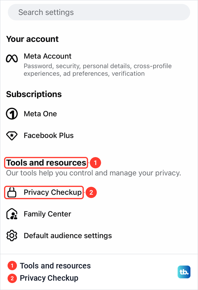 The top of the Facebook app's Settings and privacy screen with Privacy Checkup under Tools and resources.