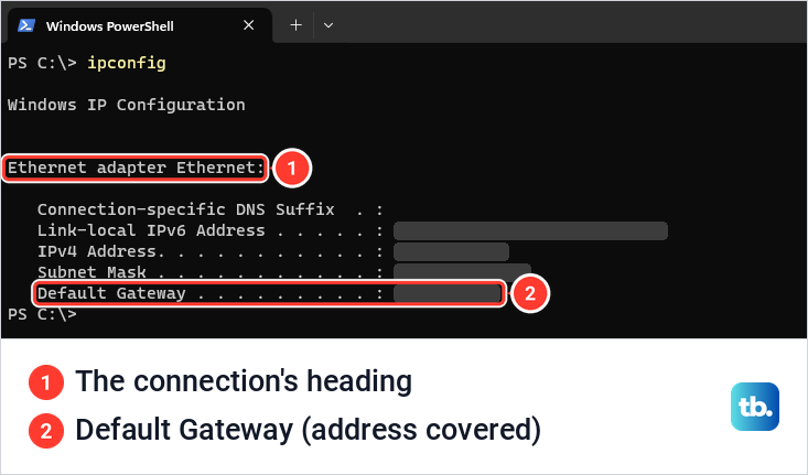 Windows Terminal showing ipconfig output with the Ethernet adapter heading and the Default Gateway line, addresses covered.