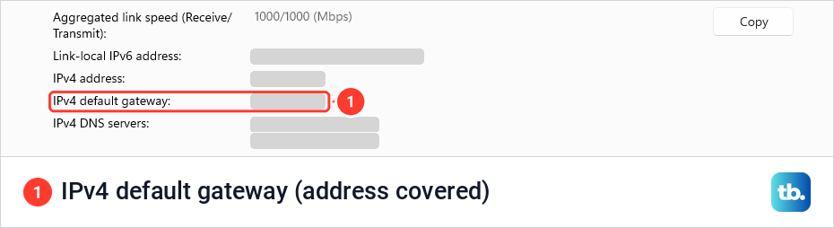 Windows 11 Ethernet properties list with the IPv4 default gateway row and every address covered by a bar.