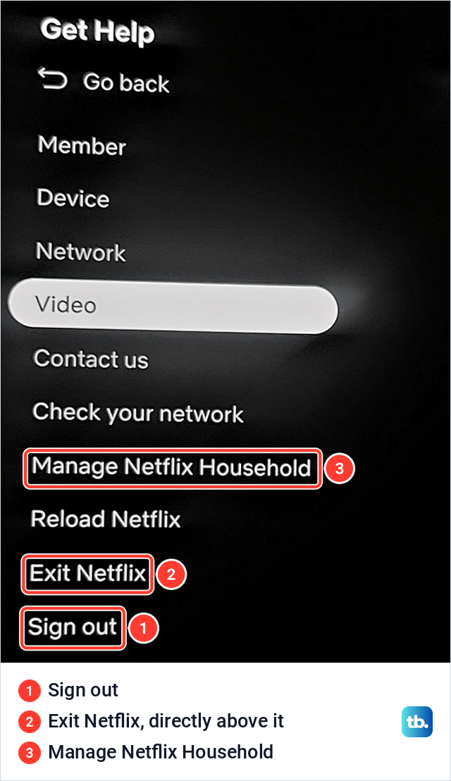 The Netflix Get Help list on a Samsung smart monitor with Sign out as the last item, under Exit Netflix.