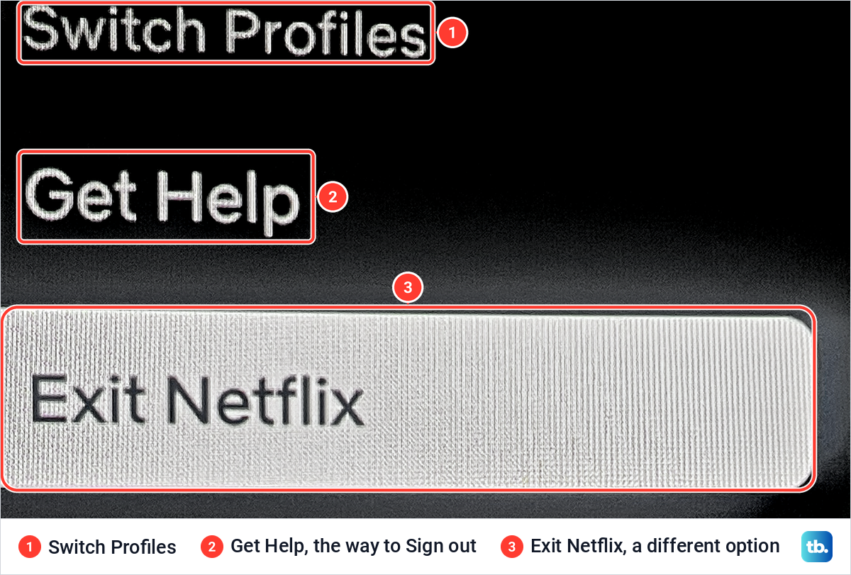The Netflix app menu on a Samsung smart monitor showing Switch Profiles, Get Help and a highlighted Exit Netflix.