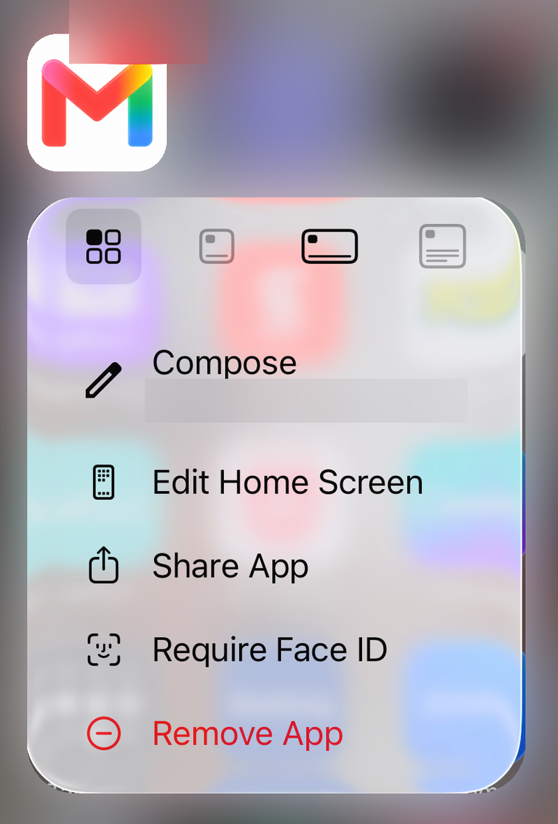 Gmail app icon menu on iPhone with Compose, Share App, Require Face ID and Remove App