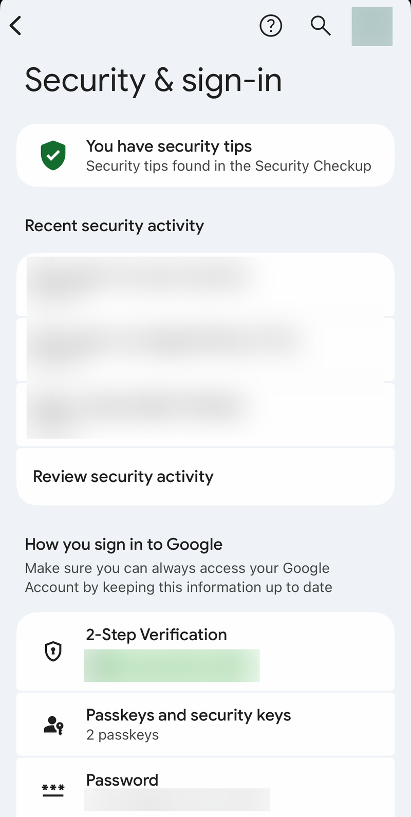 Google Account Security and sign-in page with security tips and How you sign in to Google