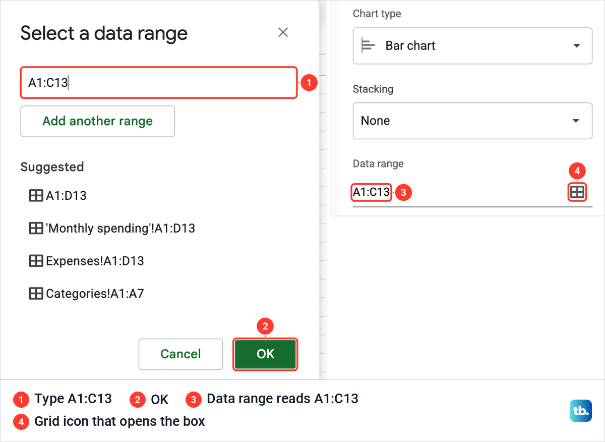 The Select a data range box in Google Sheets with A1:C13 typed, beside the Data range field in Setup.