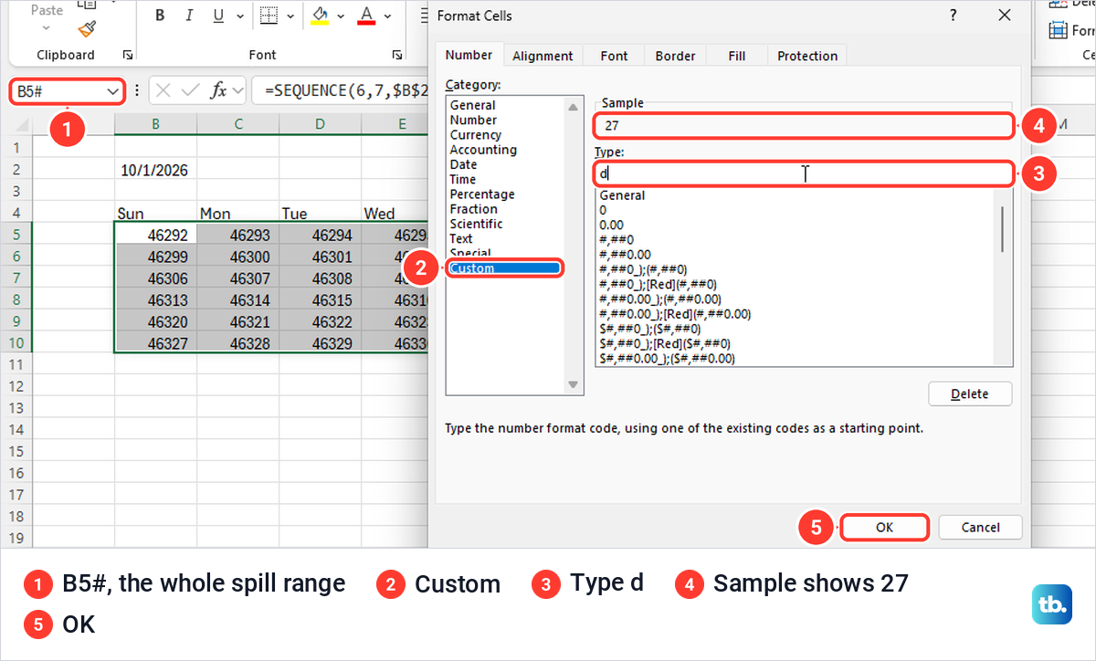 Excel Format Cells dialog on Custom with the type d and a sample of 27.