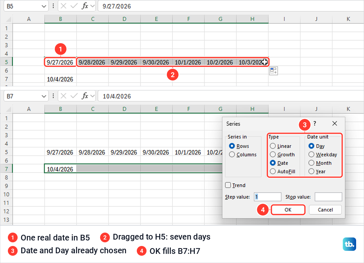 Excel row of dates filled from 9/27/2026 with the fill handle, and the Series dialog with Date and Day selected.