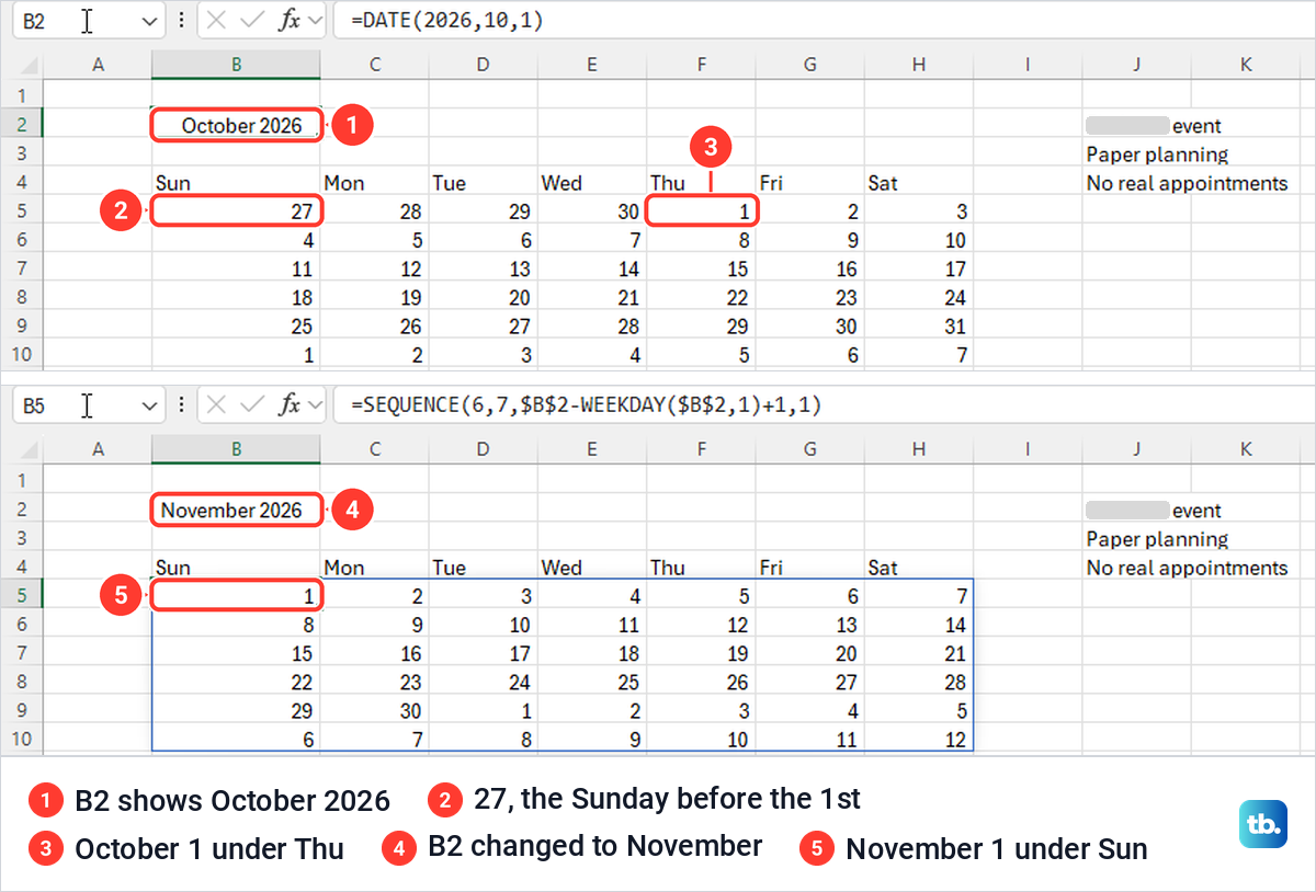 Excel calendar grid for October 2026 and the same grid after B2 changes to November 2026.