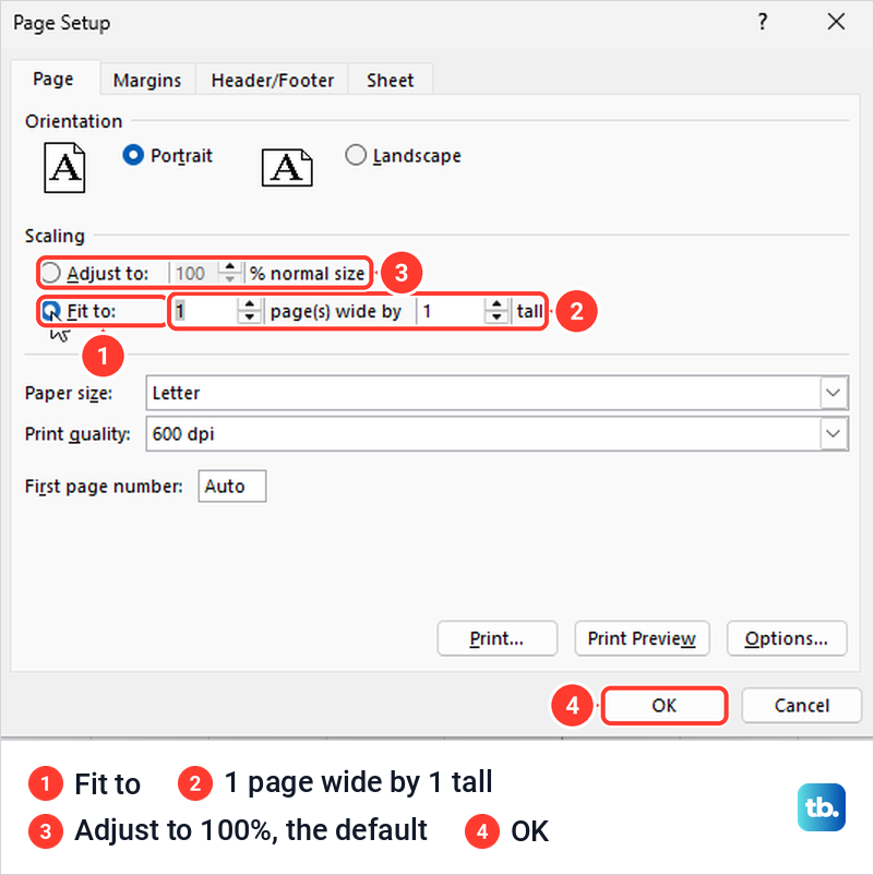 Excel Page Setup dialog with Fit to 1 page wide by 1 tall selected.