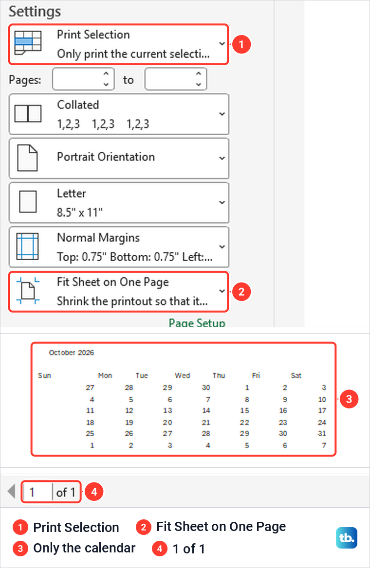 Excel print screen set to Print Selection and Fit Sheet on One Page with a one-page calendar preview.