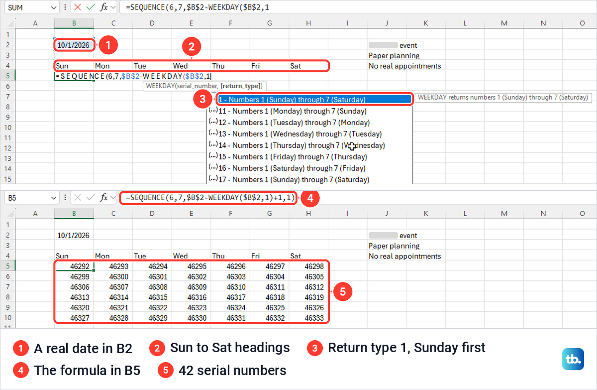 Excel sheet with the SEQUENCE calendar formula being typed, then 42 serial numbers spilled into B5:H10.