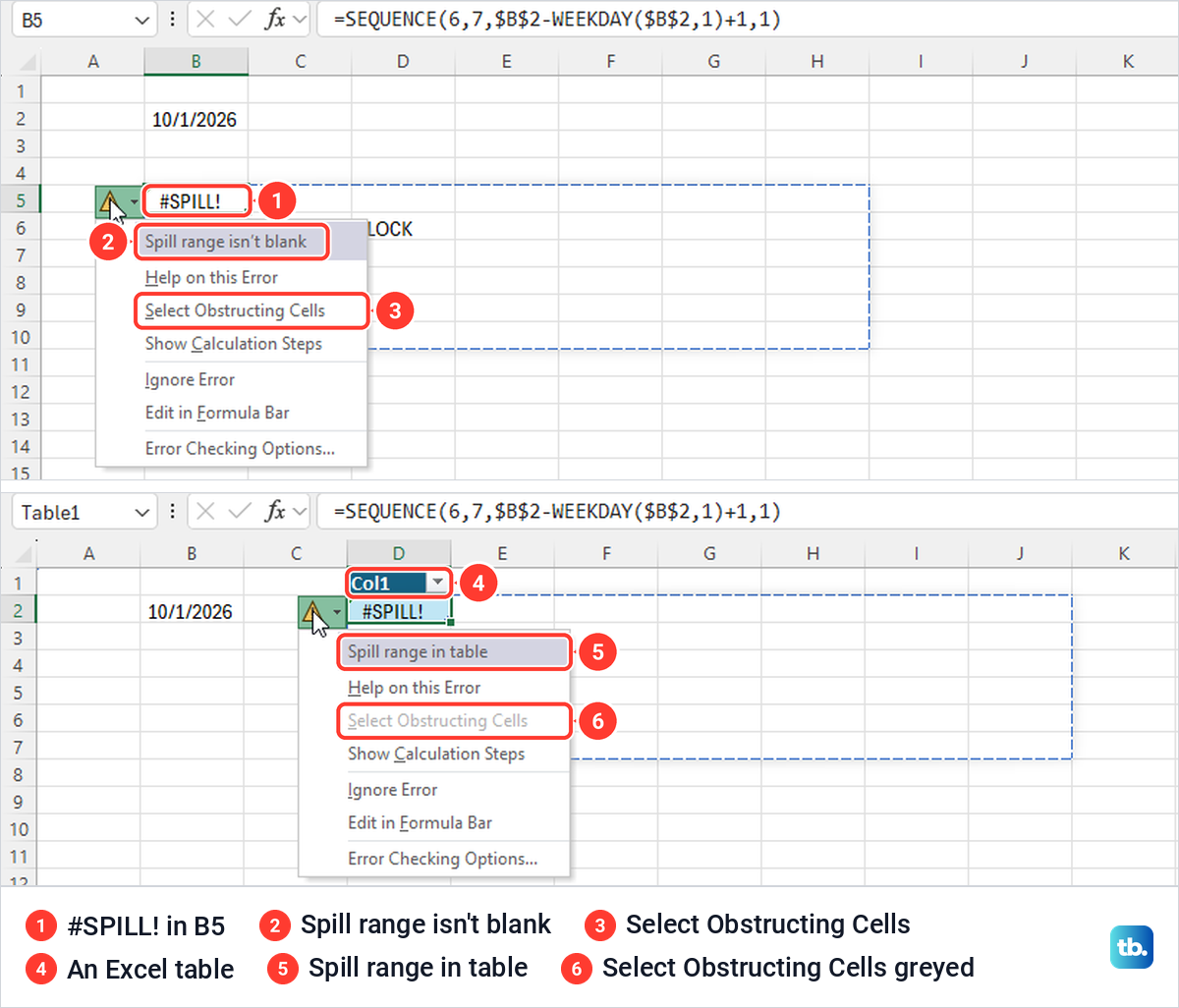 Excel SPILL error menus for a blocked range and for a formula inside an Excel table.