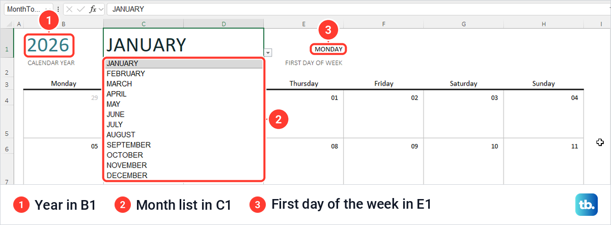 Excel calendar template with the month list open from cell C1, January to December.