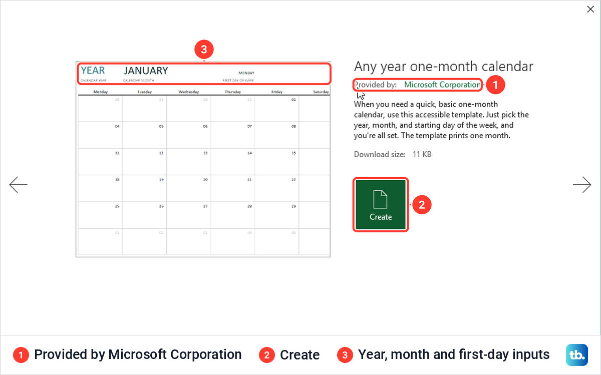 Excel template preview for Any year one-month calendar with the Create button.
