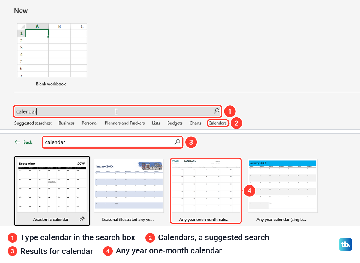 Excel File New page with the Search for online templates box and calendar template results.