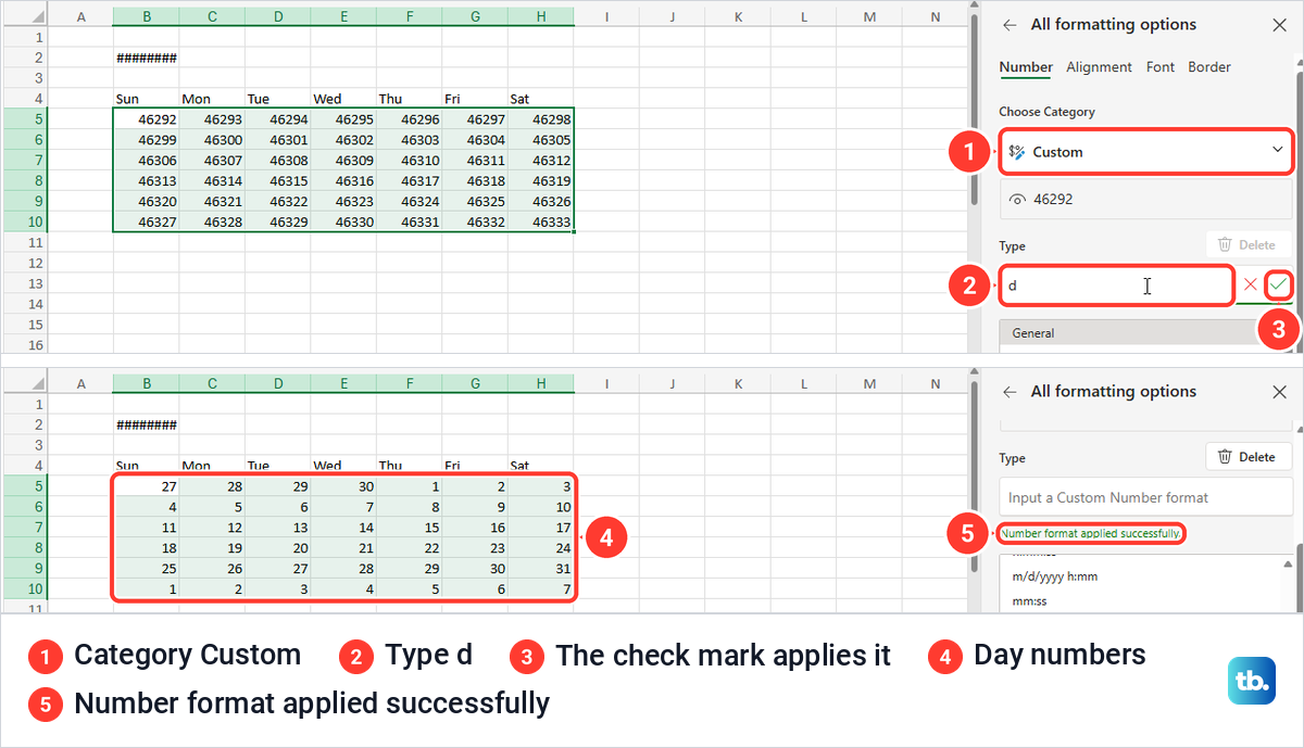 Excel for the web All formatting options pane with a custom d format and the check mark button.