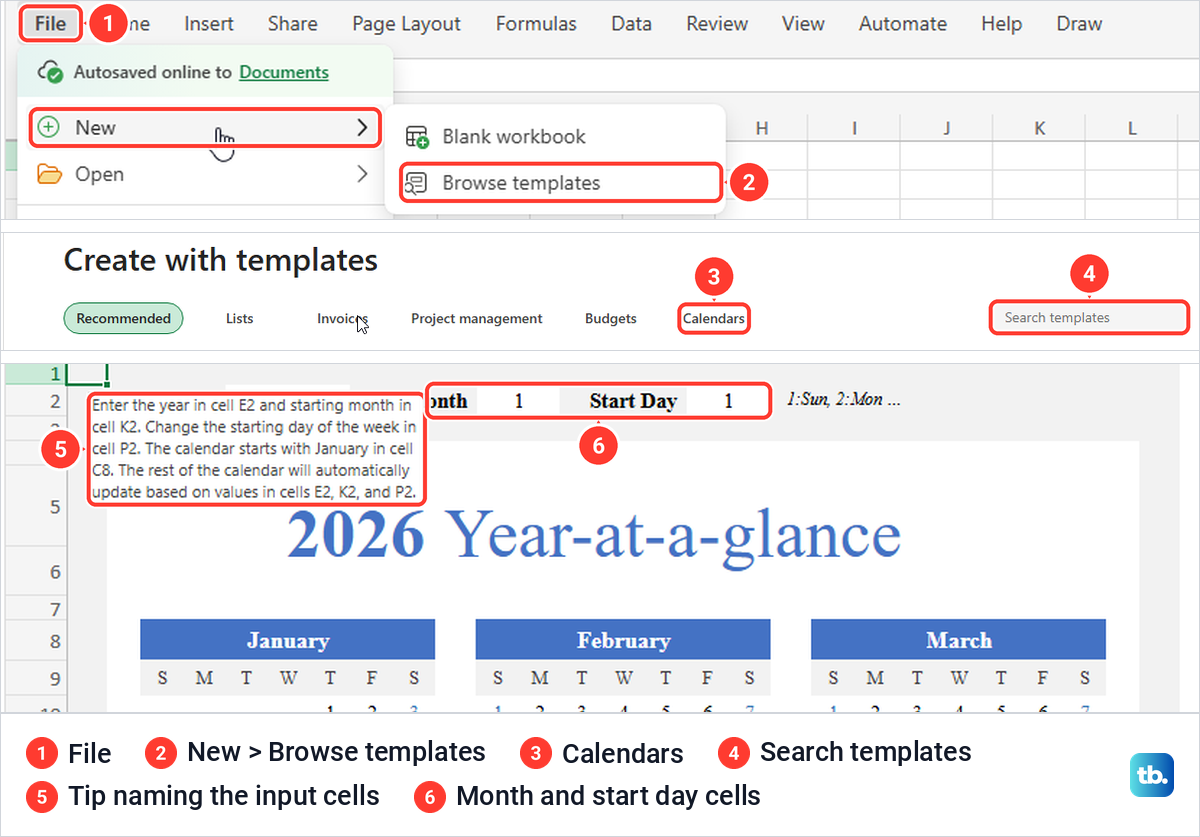 Excel for the web File New Browse templates, the Create with templates page and a Year-at-a-glance calendar.