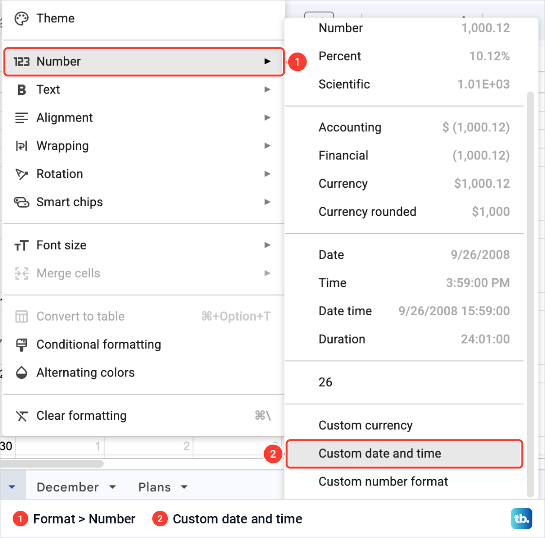 The Google Sheets Format menu open at Number, with Custom date and time near the end of the Number list.