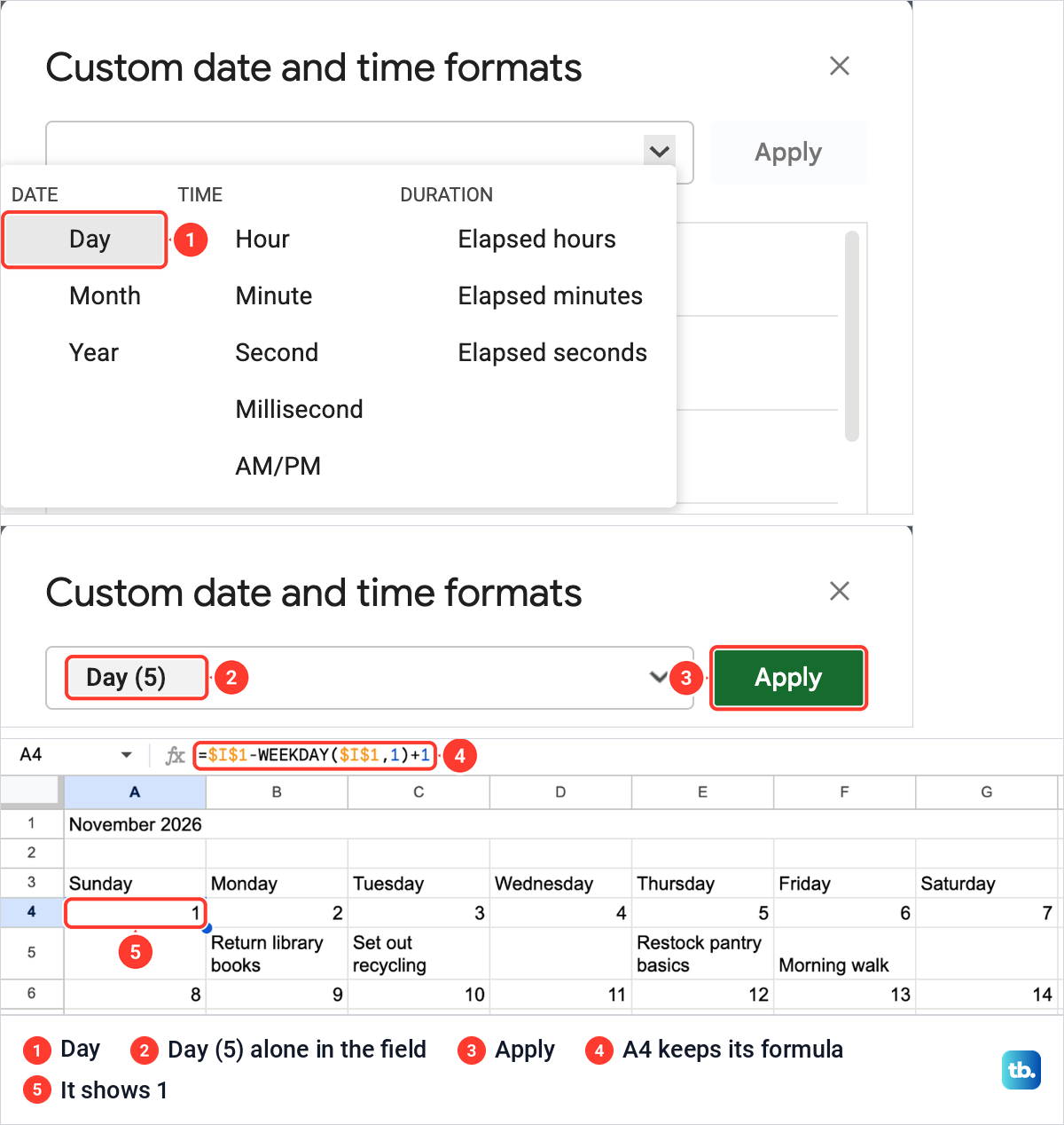 The Google Sheets Custom date and time formats box with Day chosen, then the calendar rows showing day numbers only.