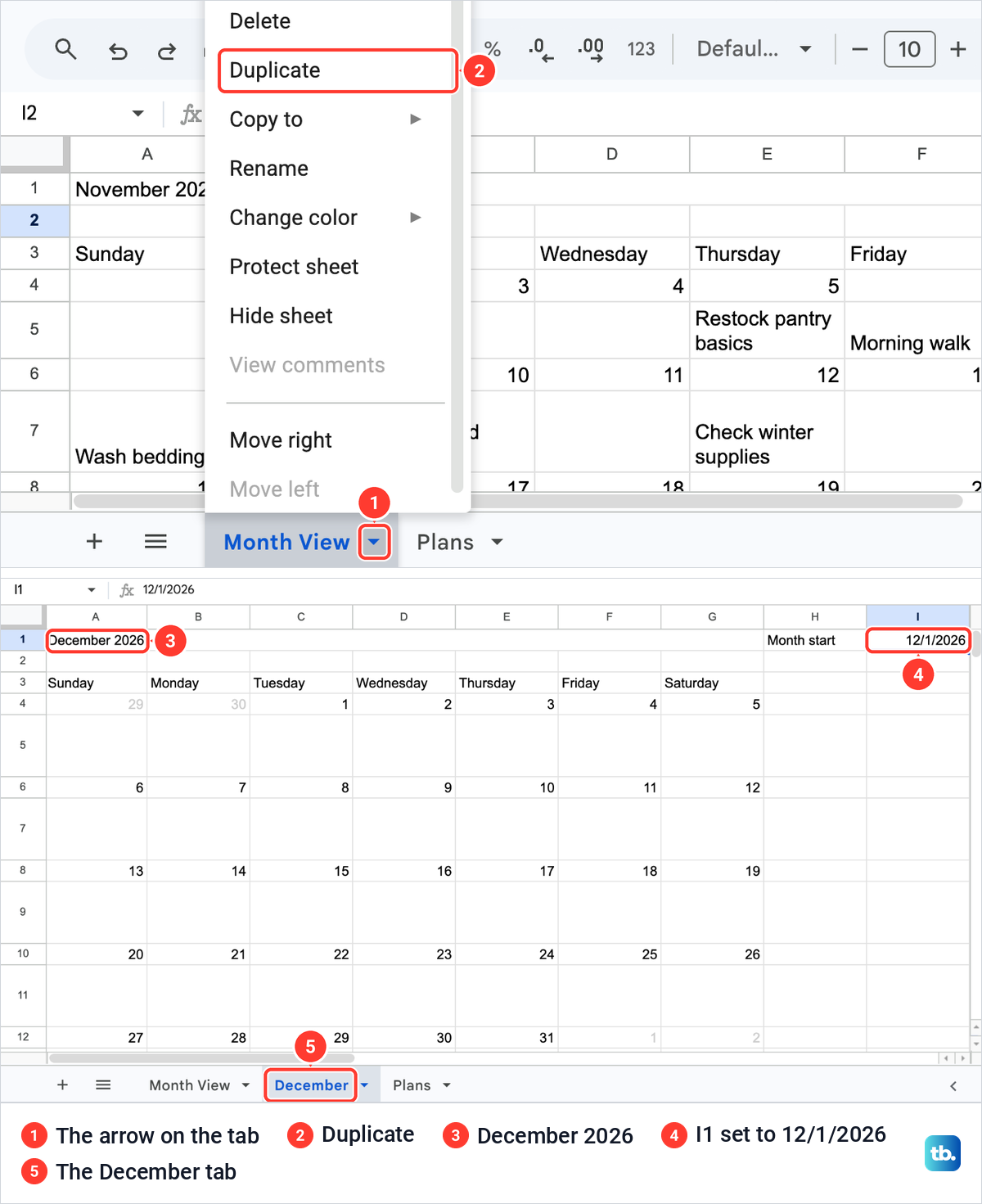 The Google Sheets tab menu open at Duplicate, then a December tab showing December 2026 with 1 under Tuesday and the days outside the month in grey.