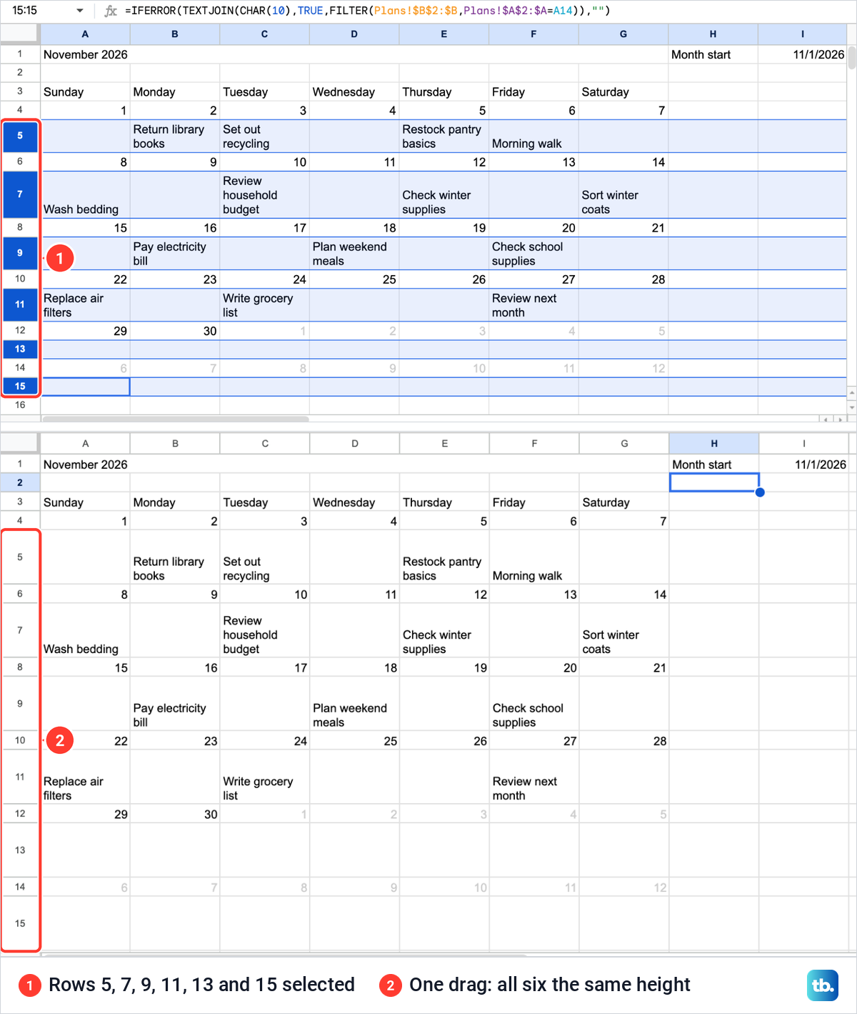 Six note rows selected in a Google Sheets calendar, then the whole November month with all note rows the same height.