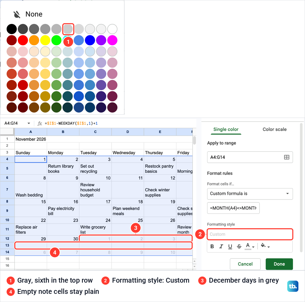 The Google Sheets text colour palette with gray chosen, then the calendar with December days in grey text and plain empty cells.
