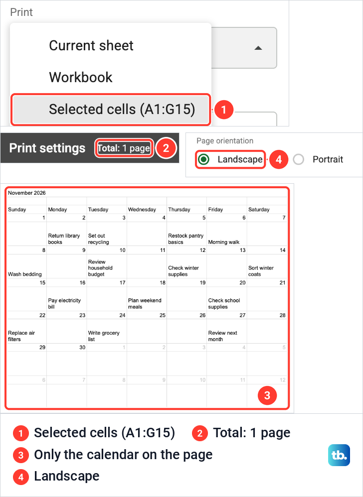 Google Sheets Print settings with Selected cells A1:G15 chosen and a one-page landscape preview of the November calendar.
