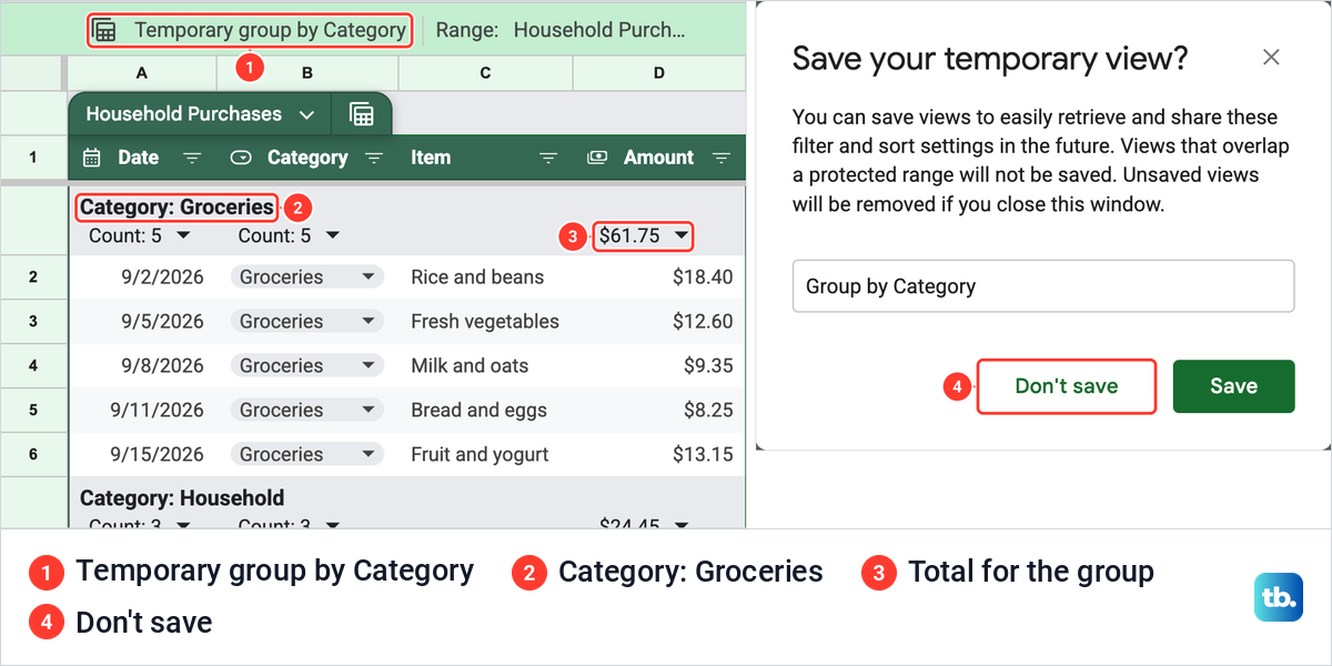 A Google Sheets table grouped by Category with a Groceries total of $61.75, beside the Save your temporary view dialog.