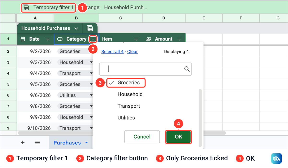 A temporary filter view on a Google Sheets table with the Category filter list open and only Groceries ticked.